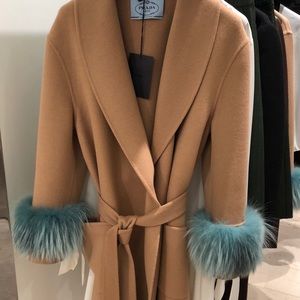 Prada camel wool blend coat with fur trim